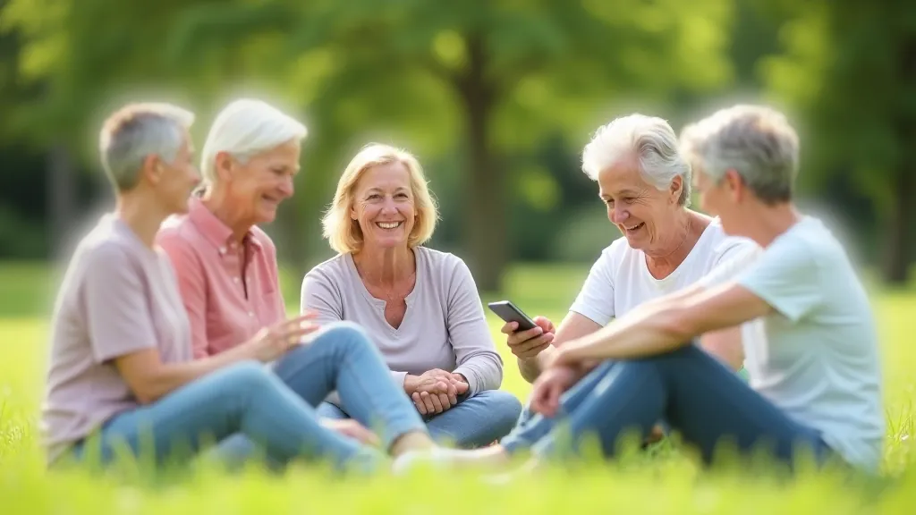 Piecas senioras sēž puslokā zālē, vienas smaida, viena rāda mobilā tālruņa foto