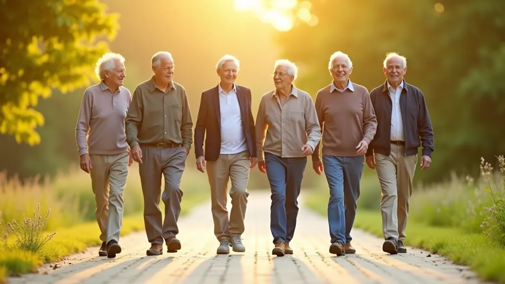 Senioru grupa staigā rīta gaismā, vēsi un pozitīvi