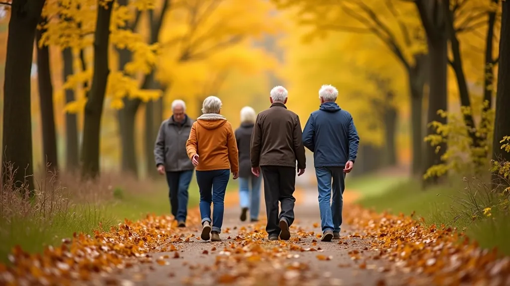 Seniori staigā pa meža ceļu rudenī, zaļi un brūni lapojumi apkārt