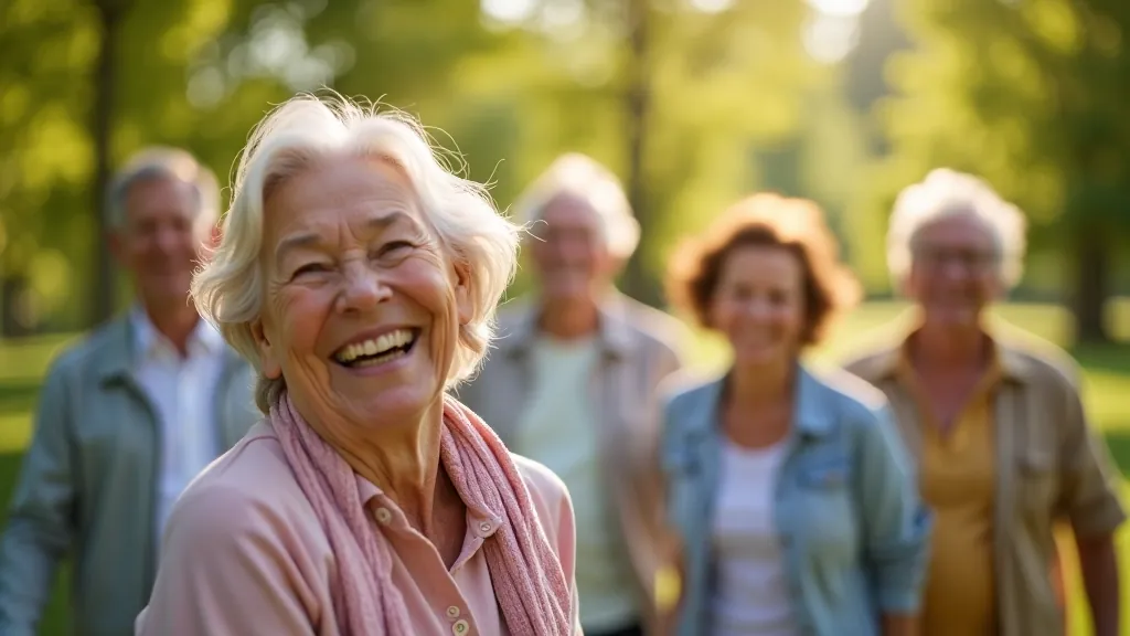 Senioru grupa smej kopā dabā, pozitīva un priecīga atmosfēra